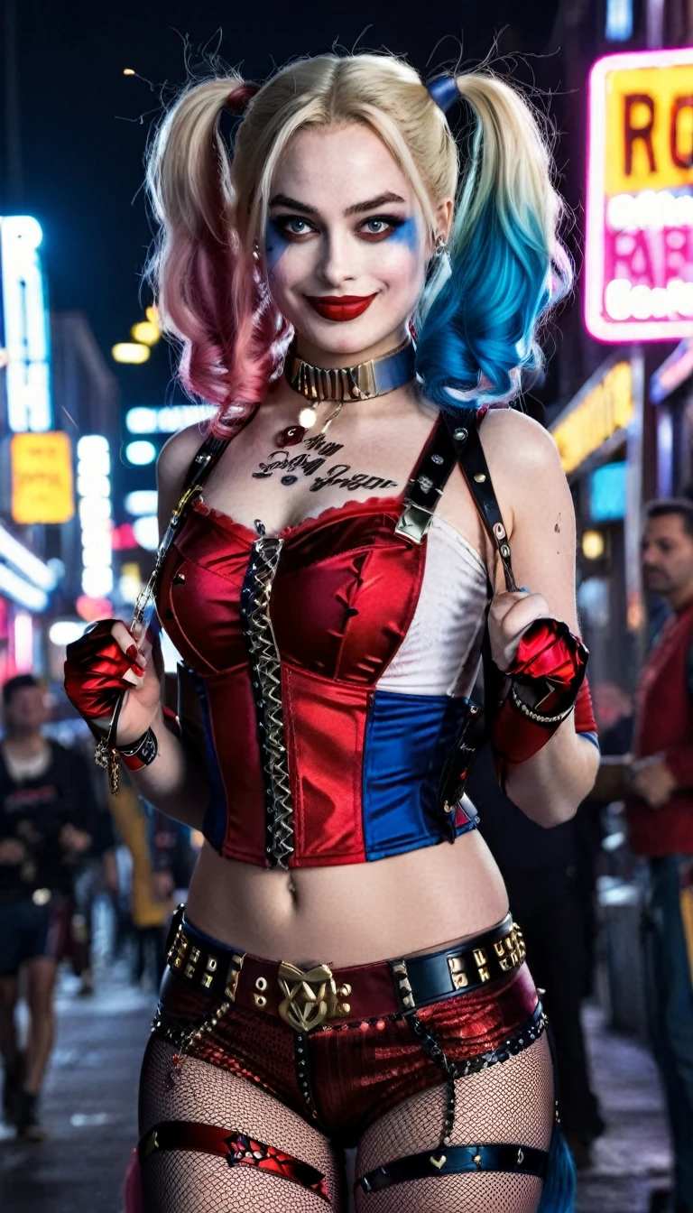 Create a realistic image of a woman, (DD cup breasts), athletic build, hourglass figure, dressed as a Harley Quinn-inspired character, psychotic smile. She has blonde hair styled in two pigtails, with the ends dyed red and blue. She wears a red and black corset top with lace-up detailing, red shorts, and a choker necklace. She has amazing legs. Her makeup includes bold eye colors matching her hair and a small heart on her cheek. The background is a vibrant city street at night, with neon lights and a bustling crowd of people. The overall atmosphere is edgy and dynamic, capturing a playful yet mischievous vibe. (Wide angle distant full body view from behind:1.6). Hyper realistic photo, vibrant colors, 16k