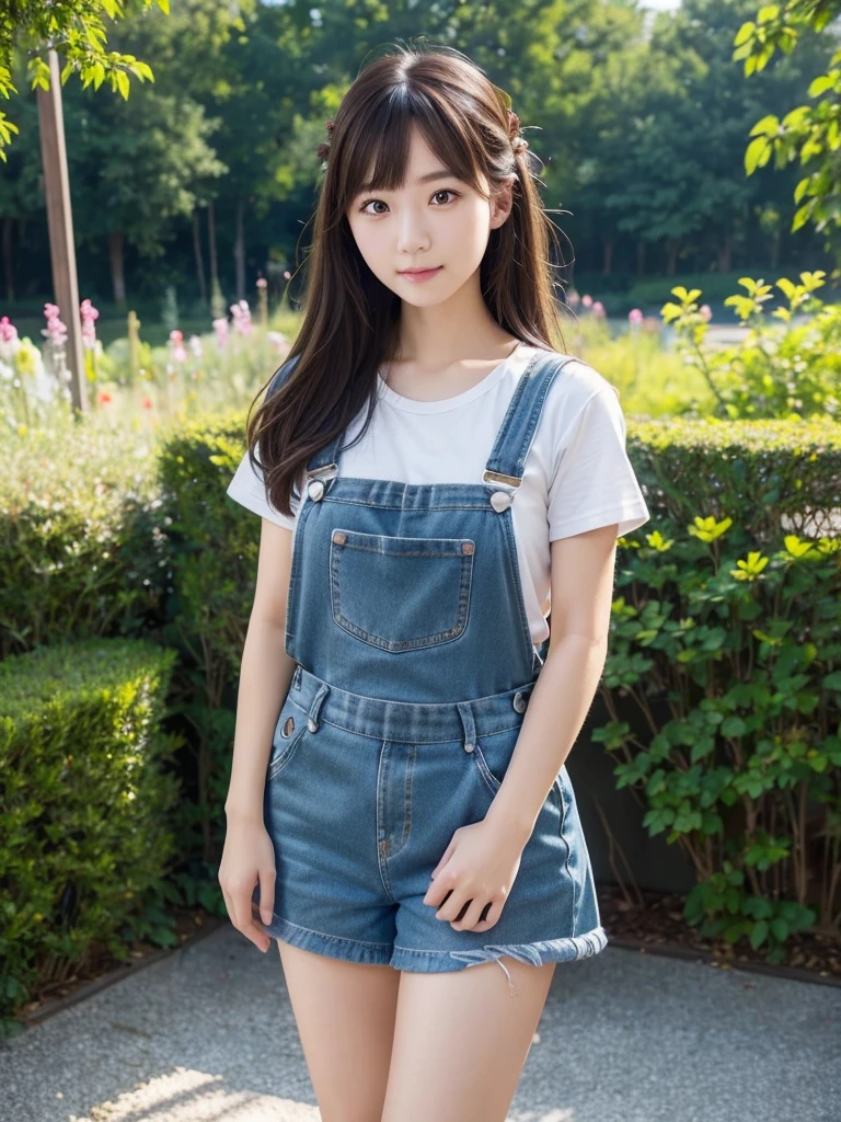 Overalls Skirt、(Highest quality)、((Very detailed))、4K、(8K)、masterpiece、Very detailedな、Highest quality、Super Resolution、1 person、Kind Face、Soft Light、RAW quality、Soft Skin、163cm、Garden Terrace、Thighs、Garden Terrace