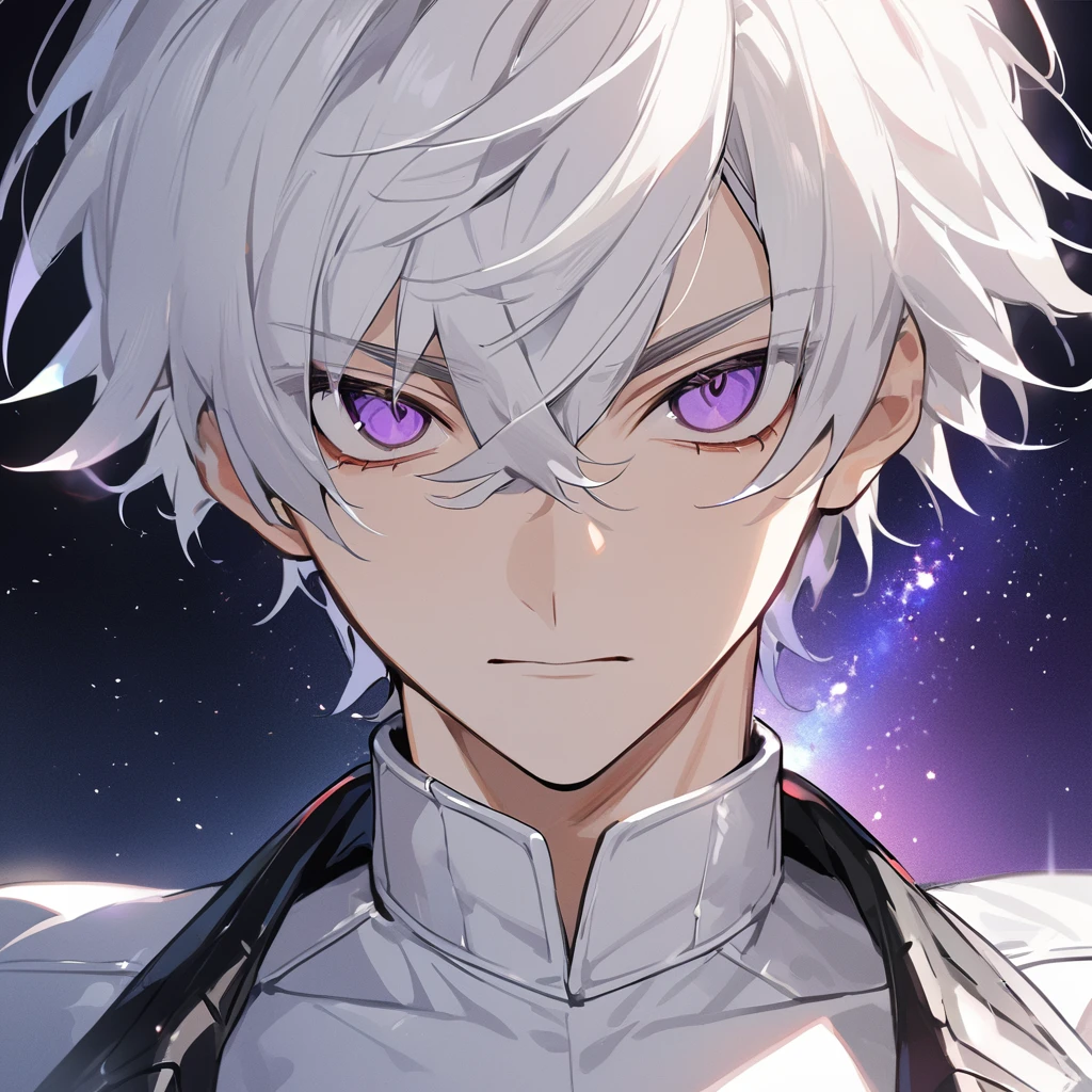 High quality, HD, 4k, no shadows, handsome male, 1male, 17 years old, teenager, golden lining, short white hair, sharp eyes, dark purple eyes, deep purple eyes, devil may cry, close up, calm expression, stoic expression, black leather clothes, white leather clothing, lean body, well trained body, upper body, looking at viewer, cowboy shot, white solar, space background