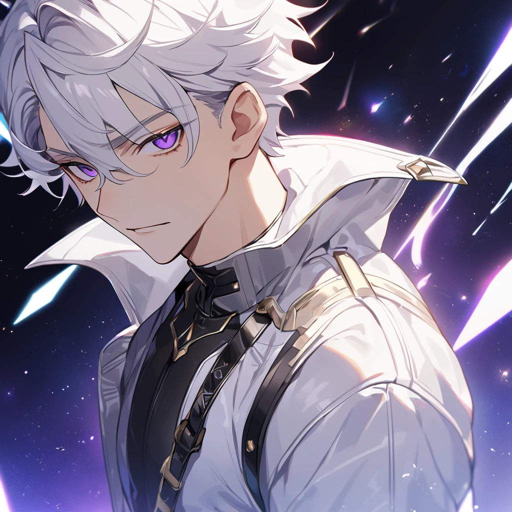 High quality, HD, 4k, no shadows, handsome male, 1male, , teenager, go lining, short white hair, sharp eyes, dark purple eyes, deep purple eyes, devil may cry, close up, calm expression, stoic expression, black leather clothes, white leather clothing, lean body, well trained body, upper body, looking at viewer, cowboy shot, white solar, space background