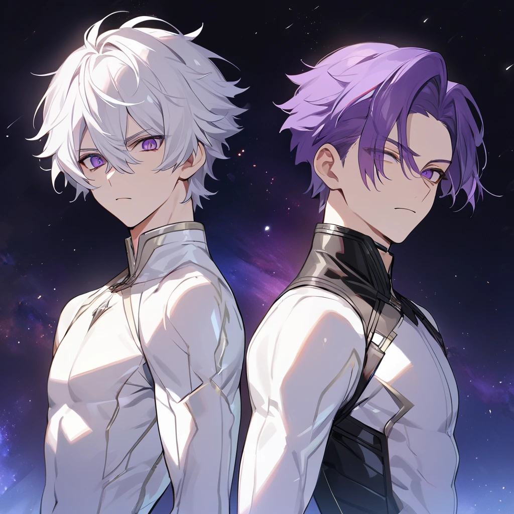High quality, HD, 4k, no shadows, handsome male, 1male, , teenager, go lining, short white hair, sharp eyes, dark purple eyes, deep purple eyes, devil may cry, close up, calm expression, stoic expression, black leather clothes, white leather clothing, lean body, well trained body, upper body, looking at viewer, cowboy shot, white solar, space background