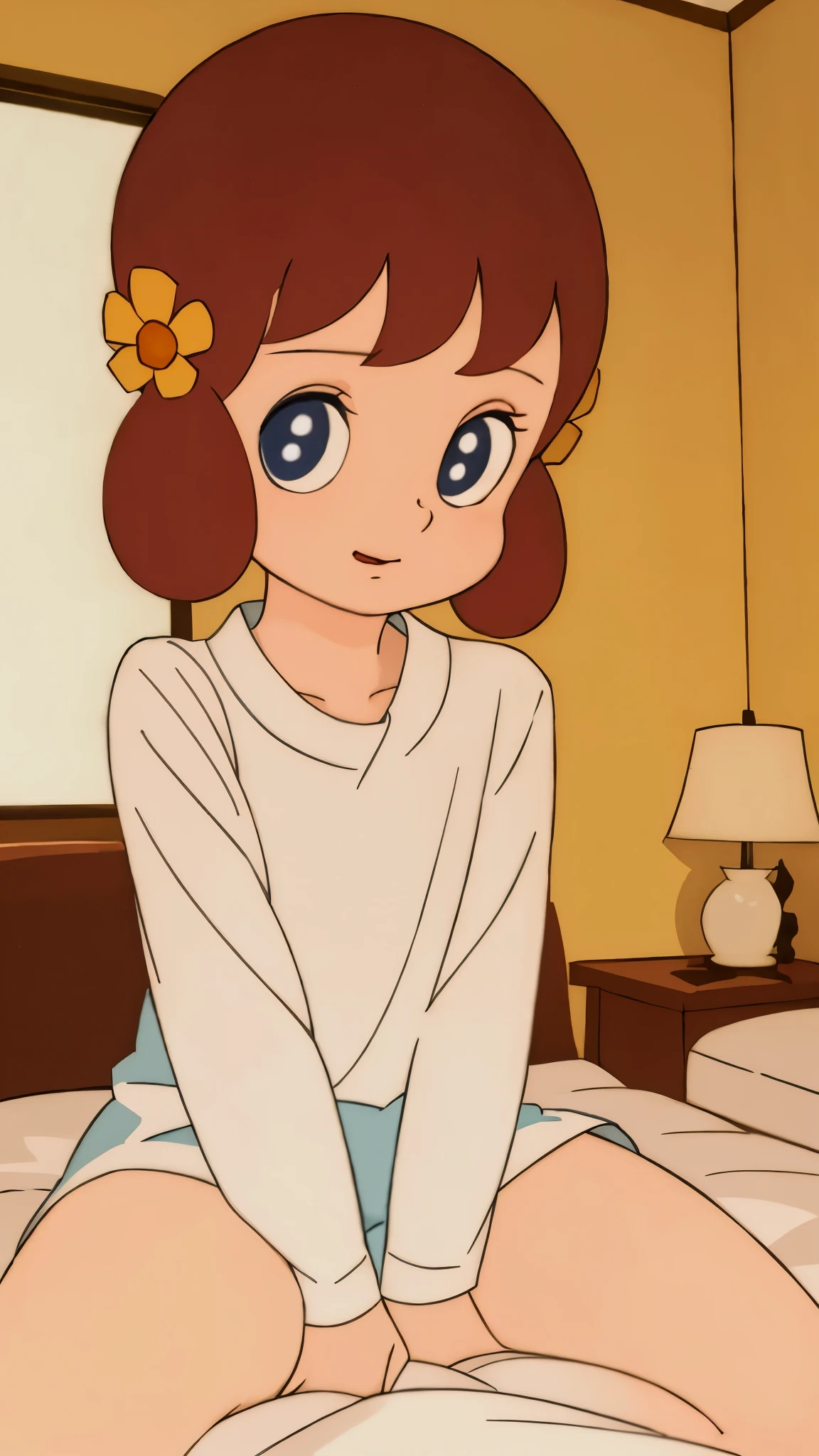 masterpiece, best quality, solo, 1girl, 
 chappy,、Sit on the bed、Spread your legs、Knees up、With legs spread、Completely naked、All Nude、Very embarrassed look、手を後ろに回す、服は着ていない、
