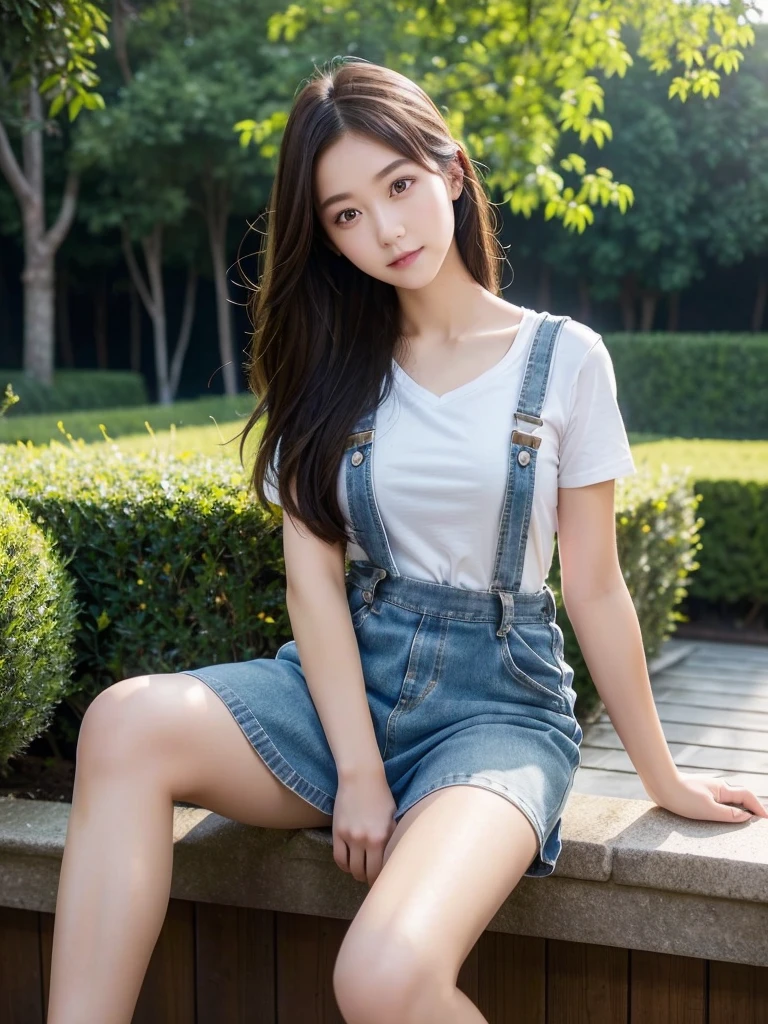 Overalls Skirt、(Highest quality)、((Very detailed))、4K、(8K)、masterpiece、Very detailedな、Highest quality、Super Resolution、1 person、Kind Face、Soft Light、RAW quality、Soft Skin、163cm、Garden Terrace、Thighs、Garden Terrace