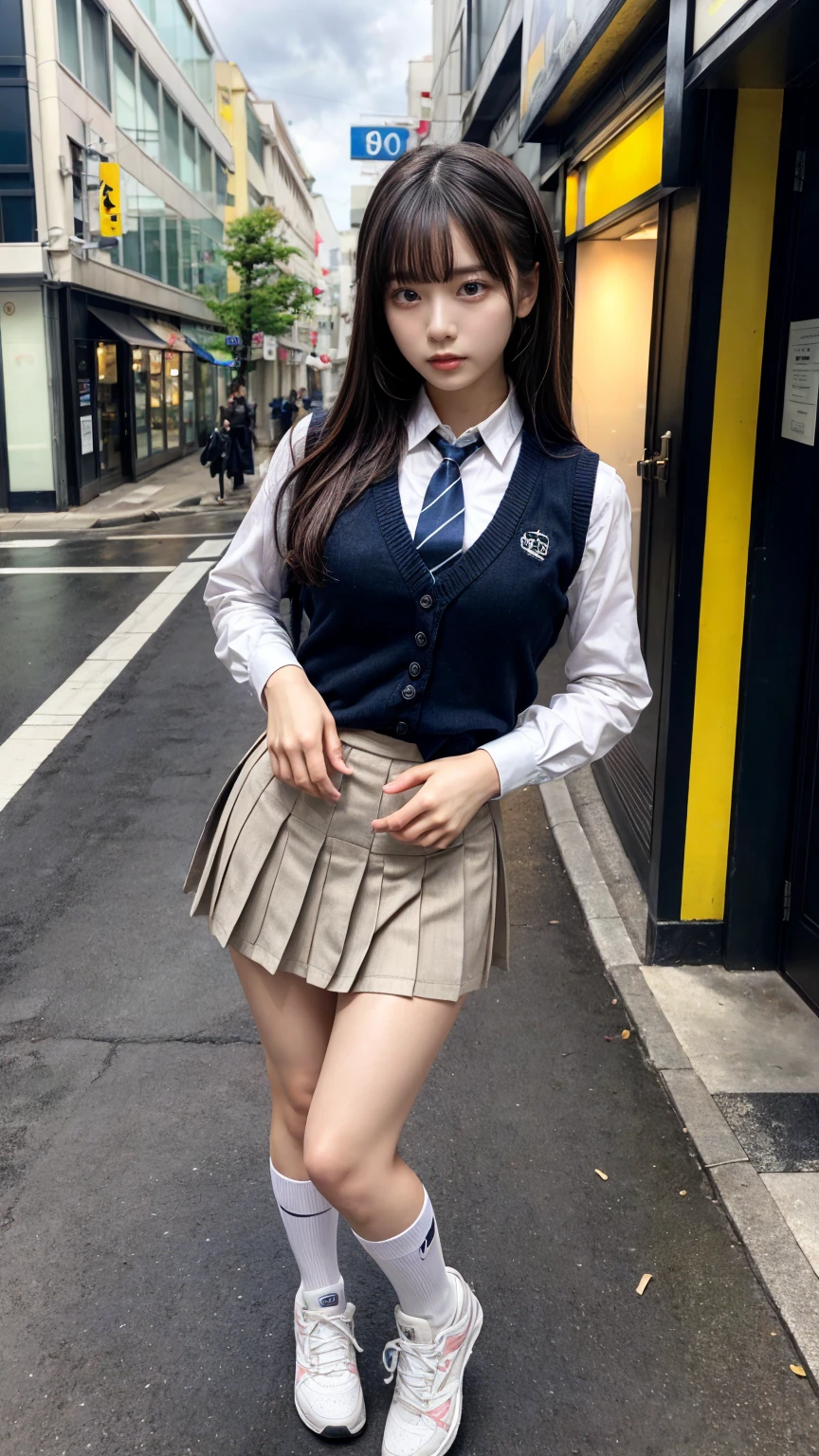 muste piece, best quality, illustration, Super detailed, fine details, High resolution, 8K,wall paper, perfect dynamic composition,(Details High quality, realistic depiction of eyes:1.3),  facial features, has an extremely sexy body, with full breasts and a thin waist, and an extremely sexy body, skirt, socks, sneakers, shoes, white footwear, black socks, pleated skirt, kneehighs, white shirt, blue necktie, long sleeves, vest, collared shirt, ,has a bold look., ponytail, Long hair, black hair color, Big Natural Color Lip, perfect body shape,  sexy pose, crying a little、cold gaze, Harajuku style、20 year old girl、cute type、lolita, hposing Gravure Idol, full body photo、focus on crotch, huge breasts, (standing)