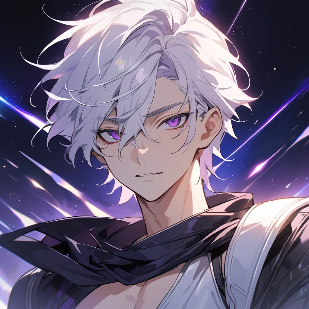 High quality, HD, 4k, no shadows, handsome male, 1male, 17 years old, teenager, golden lining, short white hair, sharp eyes, dark purple eyes, deep purple eyes, devil may cry, close up, calm expression, stoic expression, black leather clothes, white leather clothing, lean body, well trained body, upper body, looking at viewer, cowboy shot, white solar, space background