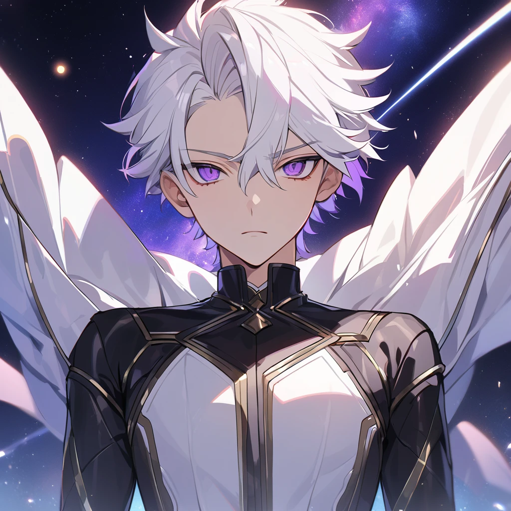 High quality, HD, 4k, no shadows, handsome male, 1male, 17 years old, teenager, golden lining, short white hair, sharp eyes, dark purple eyes, deep purple eyes, devil may cry, close up, calm expression, stoic expression, black leather clothes, white leather clothing, lean body, well trained body, upper body, looking at viewer, cowboy shot, white solar, space background