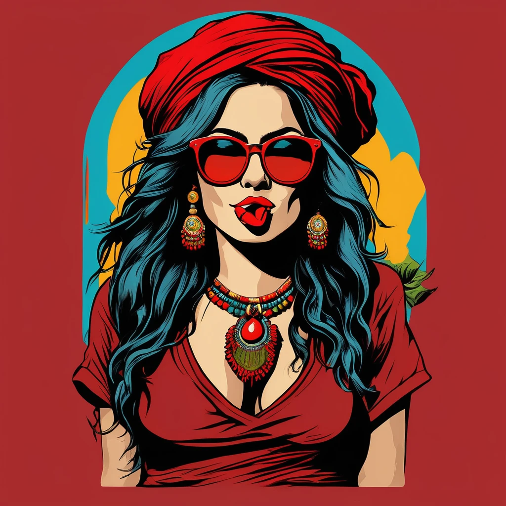 Conceptual Art T-shirt logo design of a lewd woman with long messy hair, wearing a bandana like a gypsy, smoking joint, wearing glasses and a tight skirt with pantyhose, red nose, half closed eyes, open mouth, big breast, front view, solo, colorful, art SFW concept
