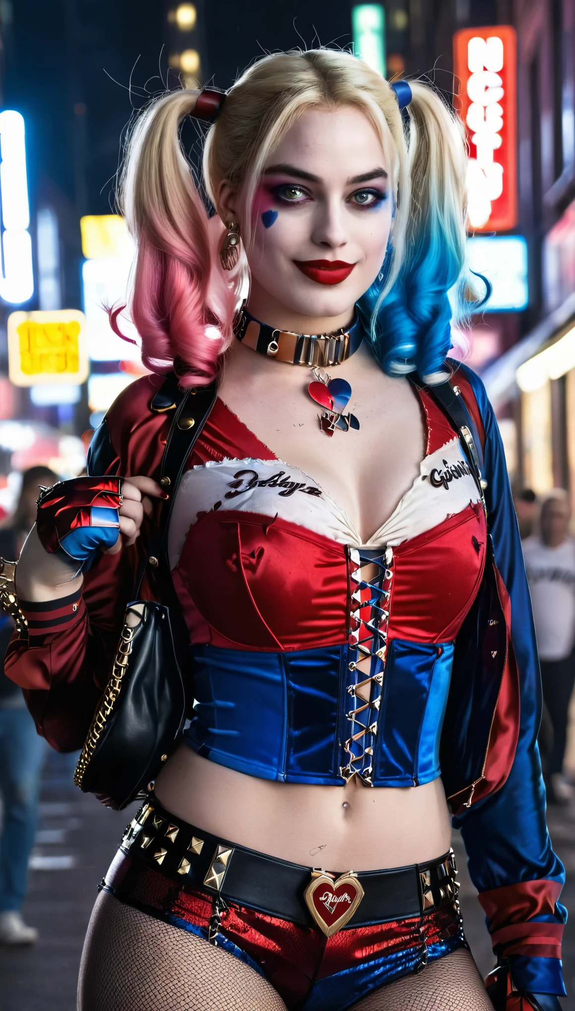 Create a realistic image of a woman, large breasts, dressed as a Harley Quinn-inspired character. She has blonde hair styled in two pigtails, with the ends dyed red and blue. She wears a red and black corset top with lace-up detailing, red shorts, and a choker necklace. Her makeup includes bold eye colors matching her hair and a small heart on her cheek. The background is a vibrant city street at night, with neon lights and a bustling crowd of people. The overall atmosphere is edgy and dynamic, capturing a playful yet mischievous vibe. Hyper realistic photo, vibrant colors, 16k