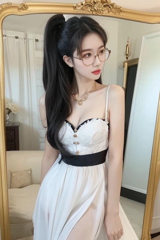 Highest quality、masterpiece、High sensitivity、High resolution、Detailed Description、One Woman、Slim Body、Glasses、Facing the mirror、Putting on makeup、