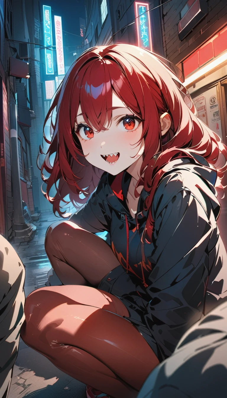 quality\(masterpiece, best quality,8K,非常に精細なCGユニットのwallpaper,High resolution,top-quality,top-quality real texture skin,Surreal,Increase the resolution,RAW Photos,最高quality,Very detailed,wallpaper\), break ,A girl in a black trench coat\(Girl,cute,Red hair,Red Bunny Suit,pantyhose,Red Eye,Big eyes,Eyes Shining,Drinking blood,smile,Sharp teeth,Open your mouth,\), break ,background(outside,night,neon,Backstreets)