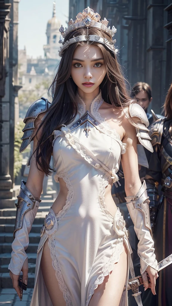 model shoot,1 girl, (innocent face:1.4), long hair, (assassin armor:1.5), white outfit, lace:1.5, bare shoulder, ( beautiful crown:1.5), (bloom effect:1.5), hyper realistic, super detailed, Dynamic shot, masterpiece, scene sharp détails, perfect eyes, perfect skin, (assassin sword:1.5), (perfect slim body:1.5),