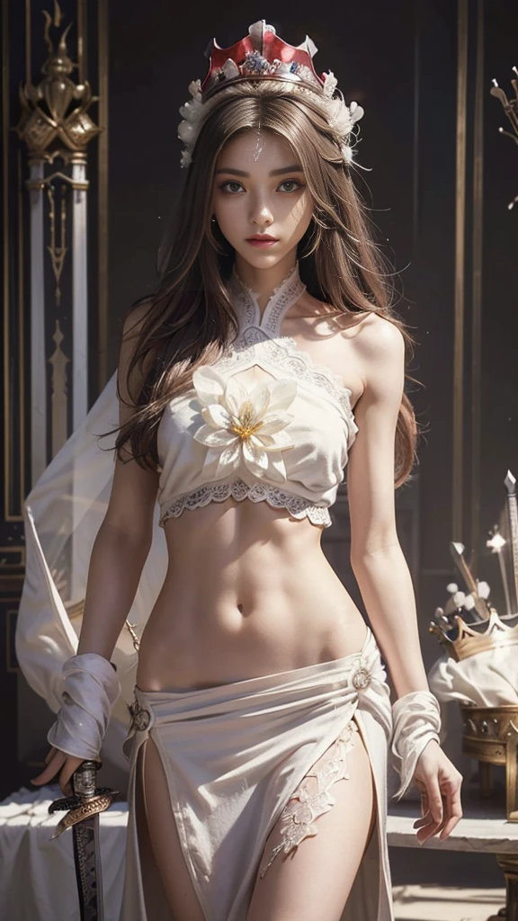 model shoot,1 girl, (innocent face:1.4), long hair, (assassin armor:1.5), white outfit, lace:1.5, bare shoulder, ( beautiful crown:1.5), (bloom effect:1.5), hyper realistic, super detailed, Dynamic shot, masterpiece, scene sharp détails, perfect eyes, perfect skin, (assassin sword:1.5), (perfect slim body:1.5),