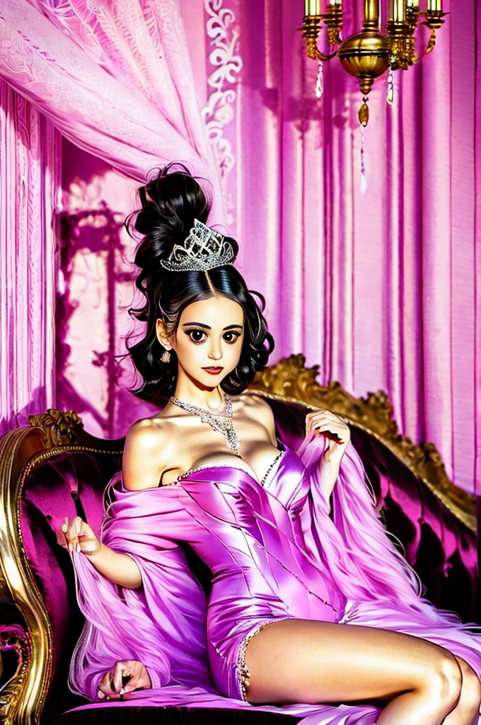 arafed woman sitting on a couch in a room with a chandelier, in style of cecil beaton, by Cecil Beaton, inspired by Cecil Beaton, ellen von unwerth, by Barbara Balmer, glamorous composition, horst p. horst, boudoir, by Germaine Krull, by Claude Cahun, inspired by Claude Cahun