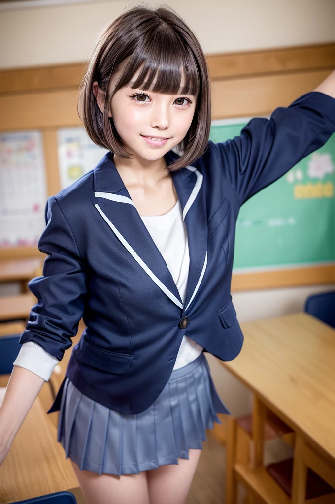 nsfw,One Woman、((Standing wearing a blazer and miniskirt school uniform))、Primary school students,((small breasts)),Highest quality、Very delicate and beautiful、((Very short bangs))、((Bangs))、明るいつやのある茶色の髪のHighest quality、Very delicate and beautiful、((Very short bangs))、((blunt bangs))、Light shiny brown hair、The hair is light、((Short Bob))、Cute face、Young face、Cute like an idol、Are thin、Slim figure、slender、Short、 body type、((Background is an elementary school classroom))、Thighs、Shooting from below、Low - Angle、Dutch Angle、Emphasis on the crotch、ceiling、The best smile、