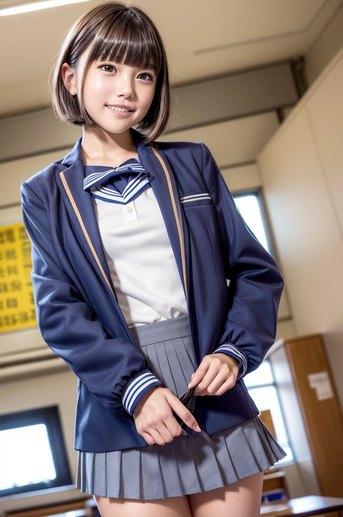 nsfw,One Woman、((Standing wearing a blazer and miniskirt school uniform))、Primary school students,((small breasts)),Highest quality、Very delicate and beautiful、((Very short bangs))、((Bangs))、明るいつやのある茶色の髪のHighest quality、Very delicate and beautiful、((Very short bangs))、((blunt bangs))、Light shiny brown hair、The hair is light、((Short Bob))、Cute face、Young face、Cute like an idol、Are thin、Slim figure、slender、Short、 body type、((Background is an elementary school classroom))、Thighs、Shooting from below、Low - Angle、Dutch Angle、Emphasis on the crotch、ceiling、The best smile、