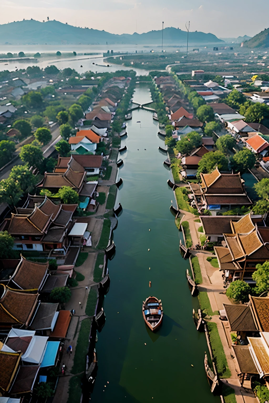 A beautiful ancient Thai city. In front of the city is a village with people living.
