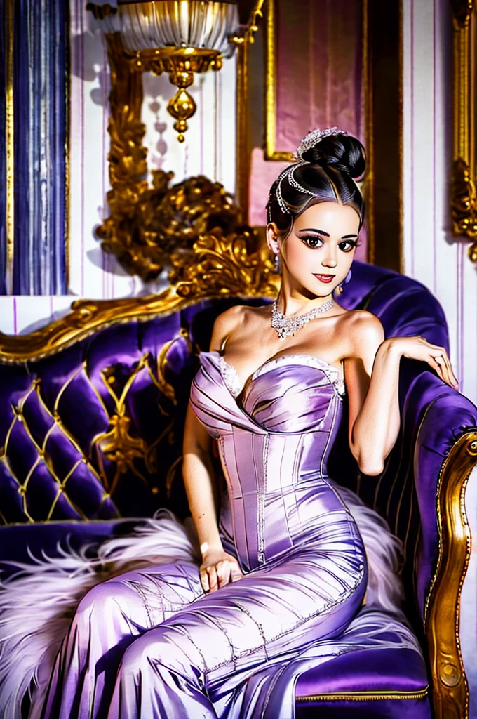 arafed woman sitting on a couch in a room with a chandelier, a portrait by Cecil Beaton, flickr, rococo, in style of cecil beaton, ellen von unwerth, glamorous composition, horst p. horst, boudoir, alfred cheney johnston, in a dark dusty parlor, in a fancy elaborate dress, vintage movie shot, hellmut newton