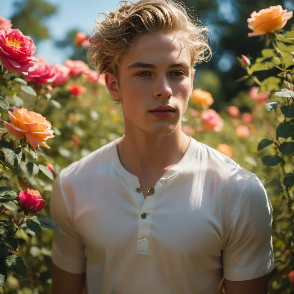 Behold a fashion editorial photo shoot featuring a photogenic and charming 26 year old male supermodel, mixed of Reece Anthony King and Lucky Blue smith, a symmetric young face adorned with natural blemishes and freckles:0.15, he boasts buzz-cut hair, and a natural pale skin tone that embodies youthfulness and athleticism, skinny and lean body, pretty cute, Exuding a unique sexy allure with his exotic look, in a David Austin Rose gardens  adorned with wild colorful roses flowers, white shirt, ((wearing white Jockstrap with thick cock line)), bulge focus, the focus subtly directed towards it. stand over the camera perspective, interesting dynamic view from below, amazing composition, HDR, volumetric lighting, ultra quality, elegant, highly detailed, masterpiece, best quality, high resolution, Against the backdrop of vibrant greenery, he is captured in a full-body pose, emphasizing his captivating presence and the intricate details of the surroundings. The photograph is taken with a Canon EOS R6 camera using an 85mm f/1.8 lens at an f/2.2 aperture, utilizing natural light. Employing three-point lighting and incorporating 3D animation shadows enhances his features and adds depth to the composition. The careful layering and arrangement of his body parts and surrounding objects ensure a flawless composition. This masterpiece celebrates the beauty of the male form and invites viewers to immerse themselves in a world of sophistication and charm. The seductive lighting and intricate details, combined with a dramatic composition, invite viewers to revel in the essence of a fun-filled day, brimming with joy and relaxation. Attention is meticulously paid to the layers and arrangement of his body parts and surrounding objects, ensuring correct body structure and photo distance. The romantic atmosphere, paired with a lively and extremely gorgeous background, enhances the overall allure of this exquisite image