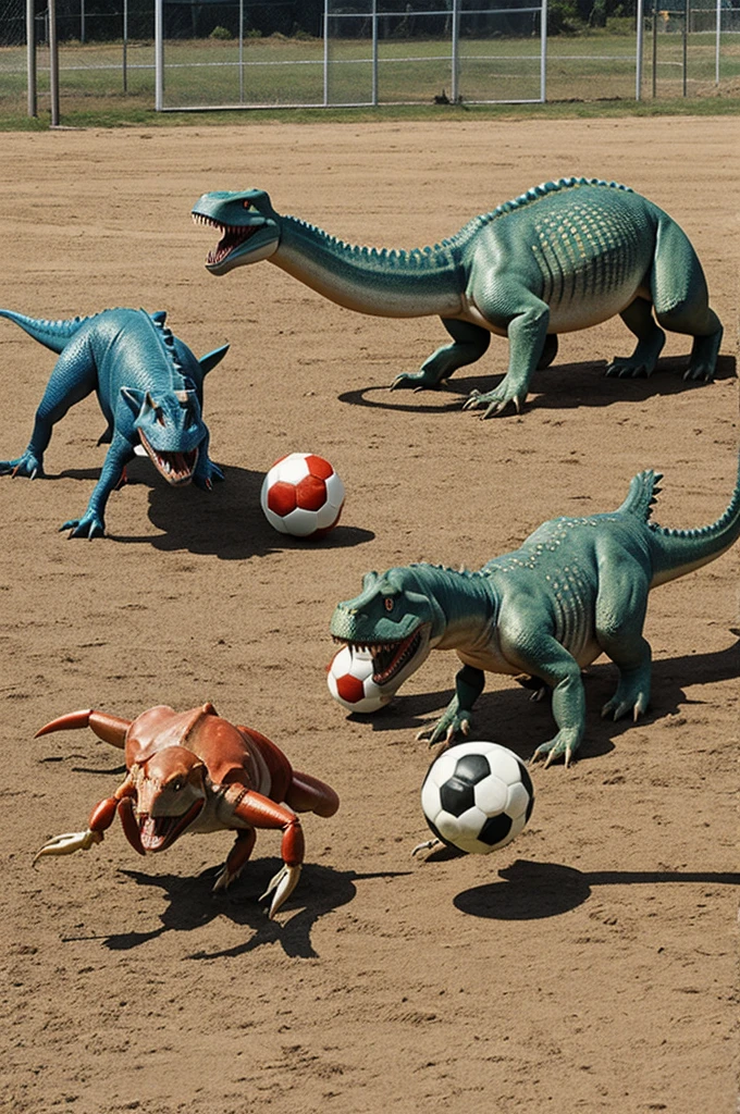 Dinosaur and crab and a dog playing soccer