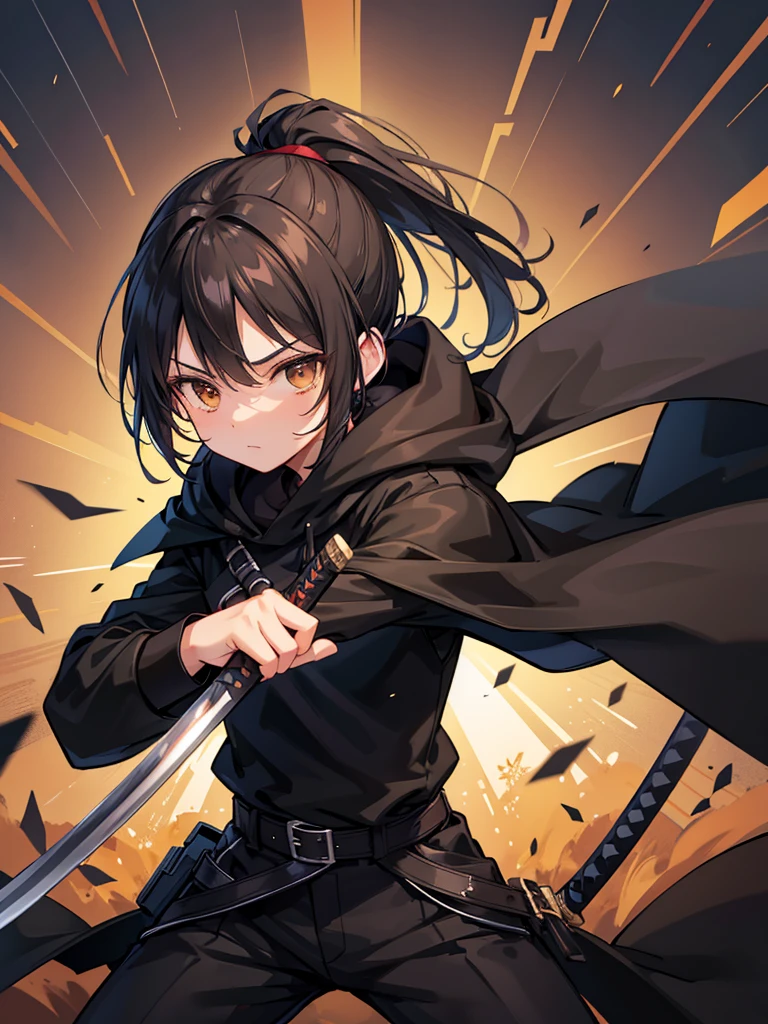 age boy, medium length black hair in a ponytail, brown eyes, black cloak, black pants, black shirt, wielding one katana in a standard position