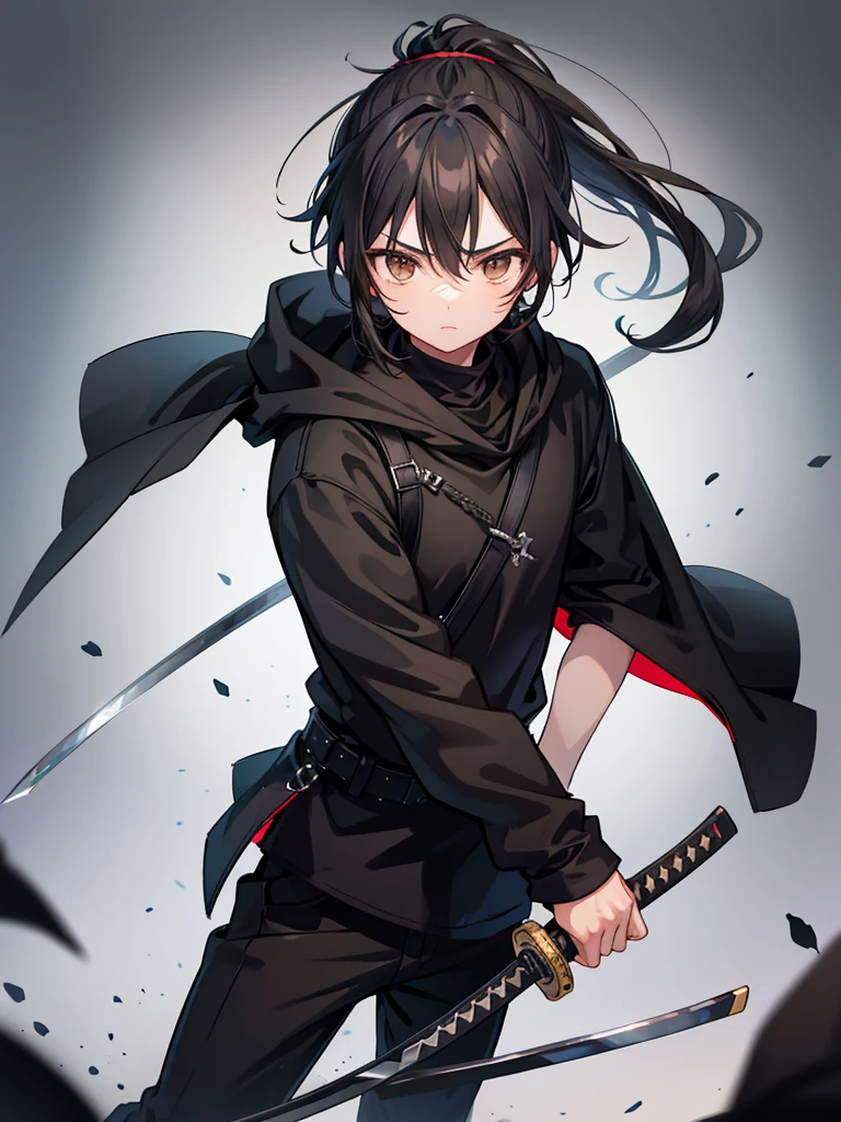 teenage boy, medium length black hair in a ponytail, brown eyes, black cloak, black pants, black shirt, wielding one katana in a standard position