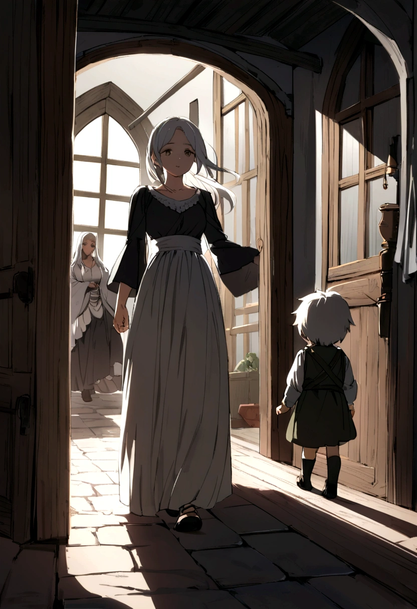 2 boy, with silver hair , walking into a room of your medieval house, and his mother, a young woman with white hair, looking at him from the background, looking at the user, lens
