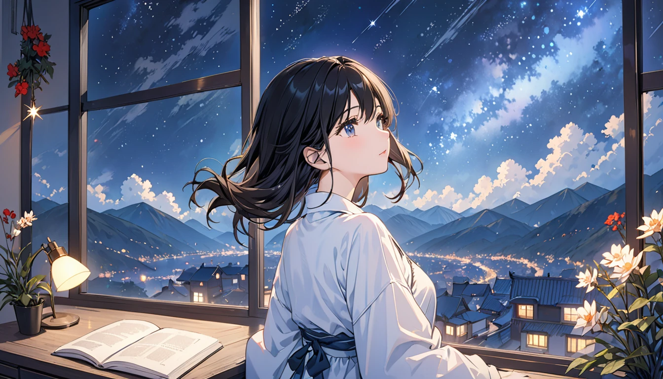 (Highest quality), Girl looking at the night view,Black Hair,Beautiful starry sky