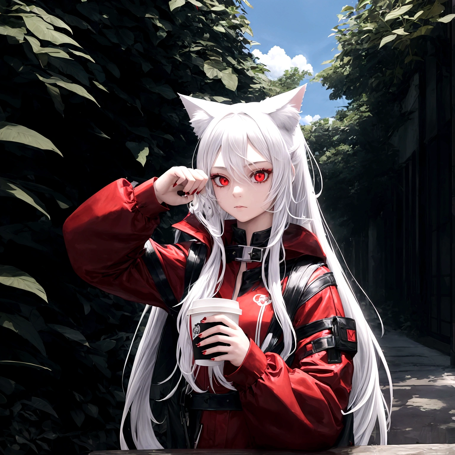 1 girl, beautiful, cool, long hair, white hair, cat ear, red eye, black jacket, red t-shirt, holding a coffee, nature place, 10 finger