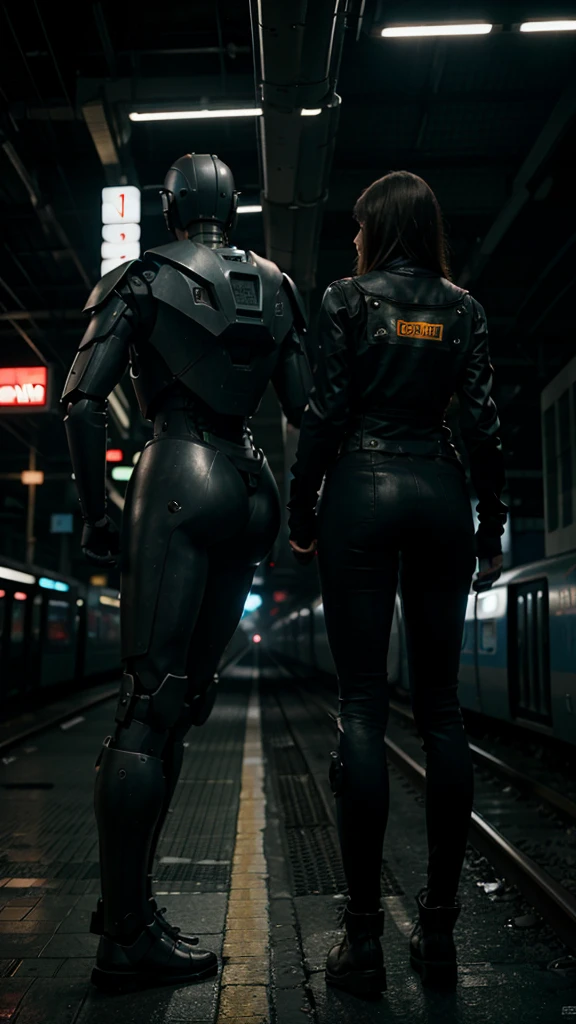a tall robot extends his hand to a girl at a train station in the dark cinematic style from the back of girl