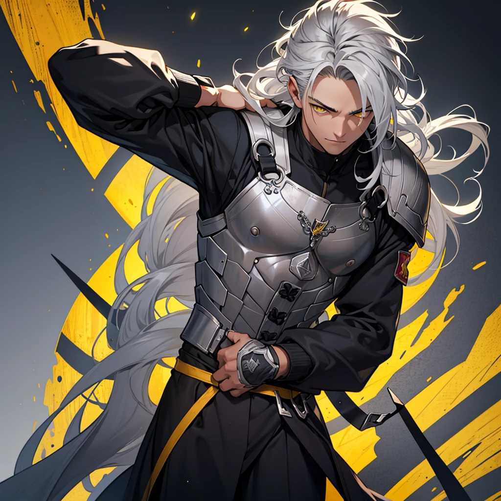 A 15 year old boy, weak body, fragile body, no muscles, long gray hair, gray hair, big hair, yellow eyes, suit, wearing a black suit, medieval period, medieval background, Ultra HD 4k, 4k, Ultra HD