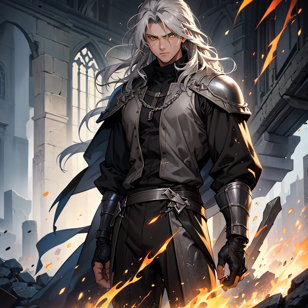 A 15 year old boy, weak body, fragile body, no muscles, long gray hair, gray hair, big hair, yellow eyes, suit, wearing a black suit, medieval period, medieval background, Ultra HD 4k, 4k, Ultra HD