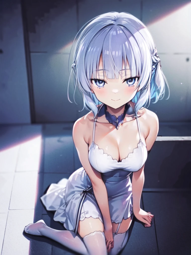 A girl,short hair, Bangs, White hair, Hair between the eyes, Purple Eyes:(1.5), (Large Breasts:1.2),
rest 锁骨, Wedding dress,veil,wedding,White dress,Flowers,Broken skirt,White socks,Tights,White knee socks,
looking at viewer, whole body,
indoors, church,Standing,Standing,
rest (masterpiece:1.2), best quality, high resolution, Unity 8k Wallpaper, (illustration:0.8), (Beautiful and delicate eyes:1.6), Extremely detailed face, Perfect lighting, Extremely detailed CG, (Perfect hands, Perfect anatomical structure),