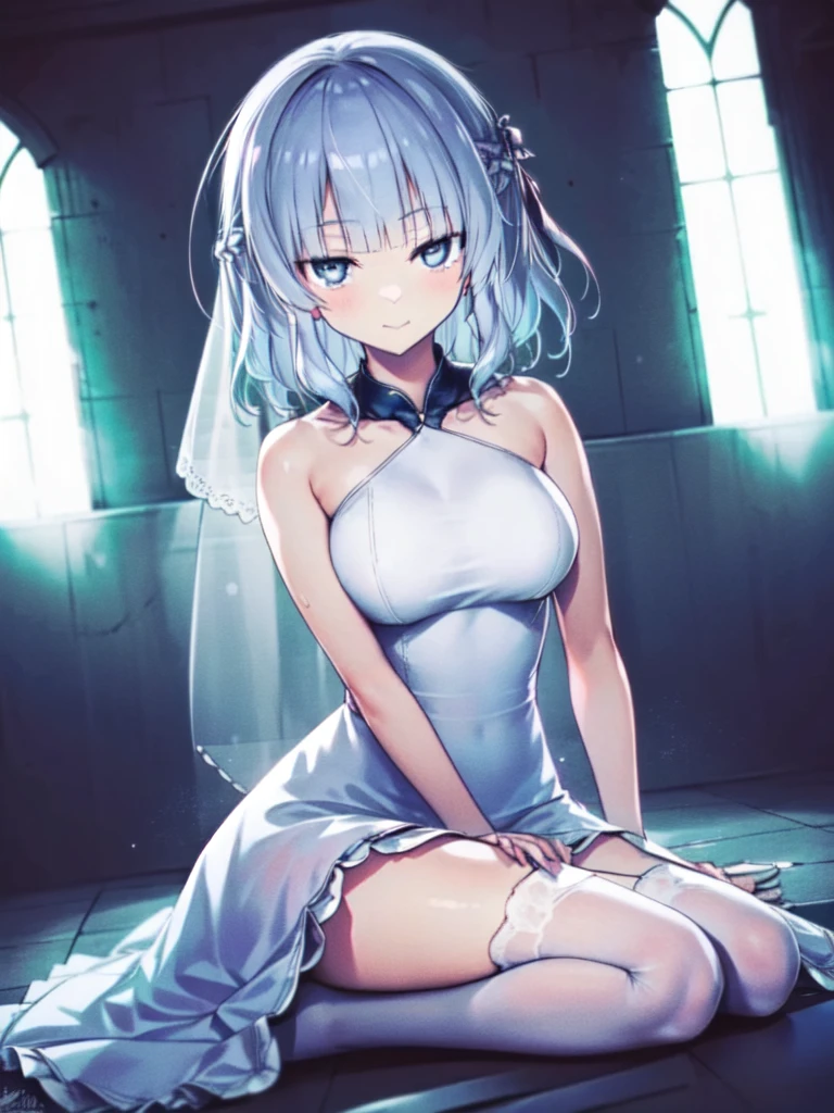 A girl，short hair, Bangs, White hair, Hair between the eyes, Purple Eyes:（1.5),  (Large Breasts:1.2), 
rest  锁骨, Wedding dress，veil，wedding，White Dress，Flowers，The skirt is broken，White socks，Tights，White knee socks，
Looking at the audience, whole body,
indoors, church，permanent，permanent，
rest (masterpiece:1.2), best quality, high resolution, Unity 8K wallpaper, (illustration:0.8), (Beautiful and delicate eyes:1.6), Extremely detailed face, Perfect lighting, Extremely detailed CG, (Perfect hands, Perfect anatomical structure),