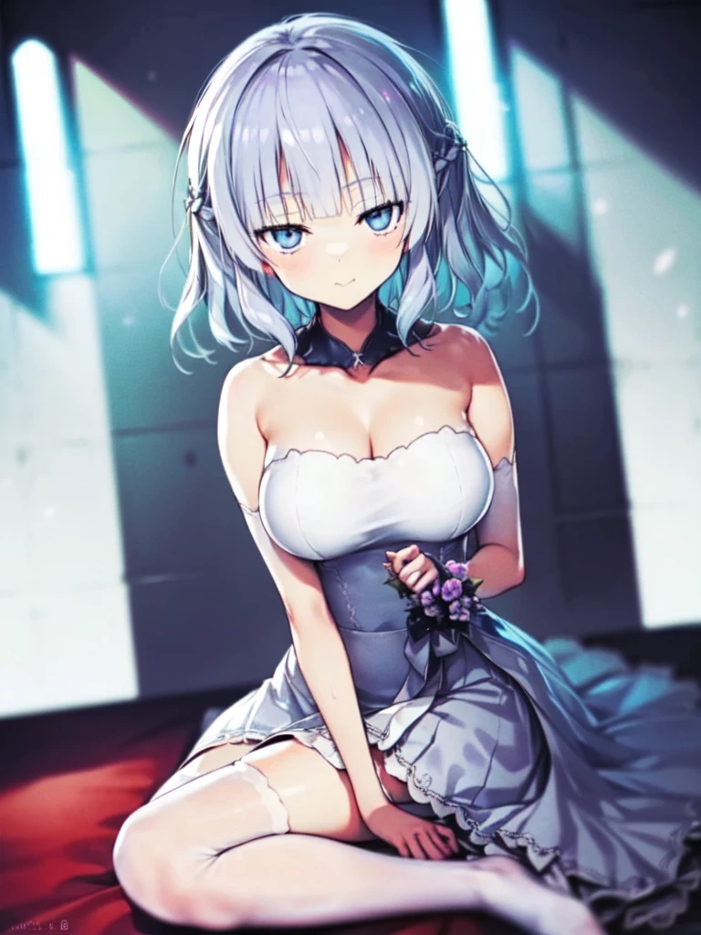 A girl，short hair, Bangs, White hair, Hair between the eyes, Purple Eyes:（1.5),  (Large Breasts:1.2), 
rest  锁骨, Wedding dress，veil，wedding，White Dress，Flowers，The skirt is broken，White socks，Tights，White knee socks，
Looking at the audience, whole body,
indoors, church，permanent，permanent，
rest (masterpiece:1.2), best quality, high resolution, Unity 8K wallpaper, (illustration:0.8), (Beautiful and delicate eyes:1.6), Extremely detailed face, Perfect lighting, Extremely detailed CG, (Perfect hands, Perfect anatomical structure),