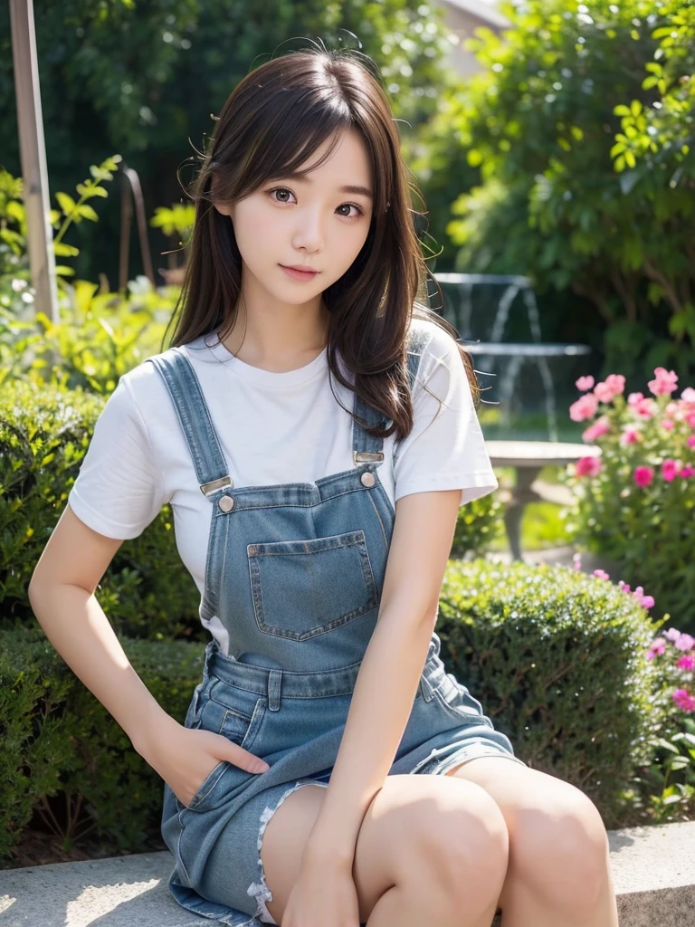 Overalls Skirt、(Highest quality)、((Very detailed))、4K、(8K)、masterpiece、Very detailedな、Highest quality、Super Resolution、1 person、Kind Face、Soft Light、RAW quality、Soft Skin、163cm、Garden Terrace、Thighs、Garden Terrace、Paint