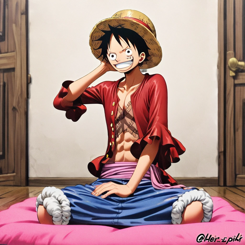 1girl, Monkey D. Luffy, One Piece,
Her hair is pink and her eyes as well, her clothes mixes pink with white colors, shes on a seiza pose, an empty and chill room