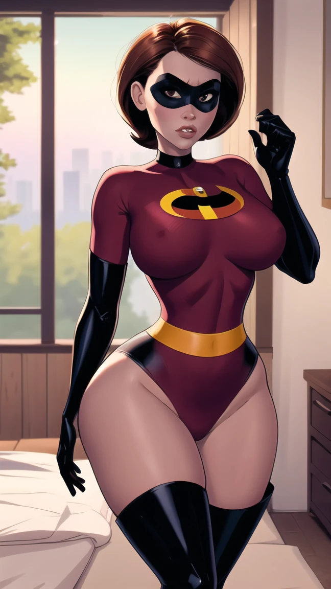 (masterpiece), best quality, outdoors, lens flare, depth of field, 1girl, solo, looking at viewer, breasts, helenparr, domino mask, mask, bodysuit, elbow gloves, thighhighs, thigh boots, wide hips, standing, sexy pose, at the bedroom
