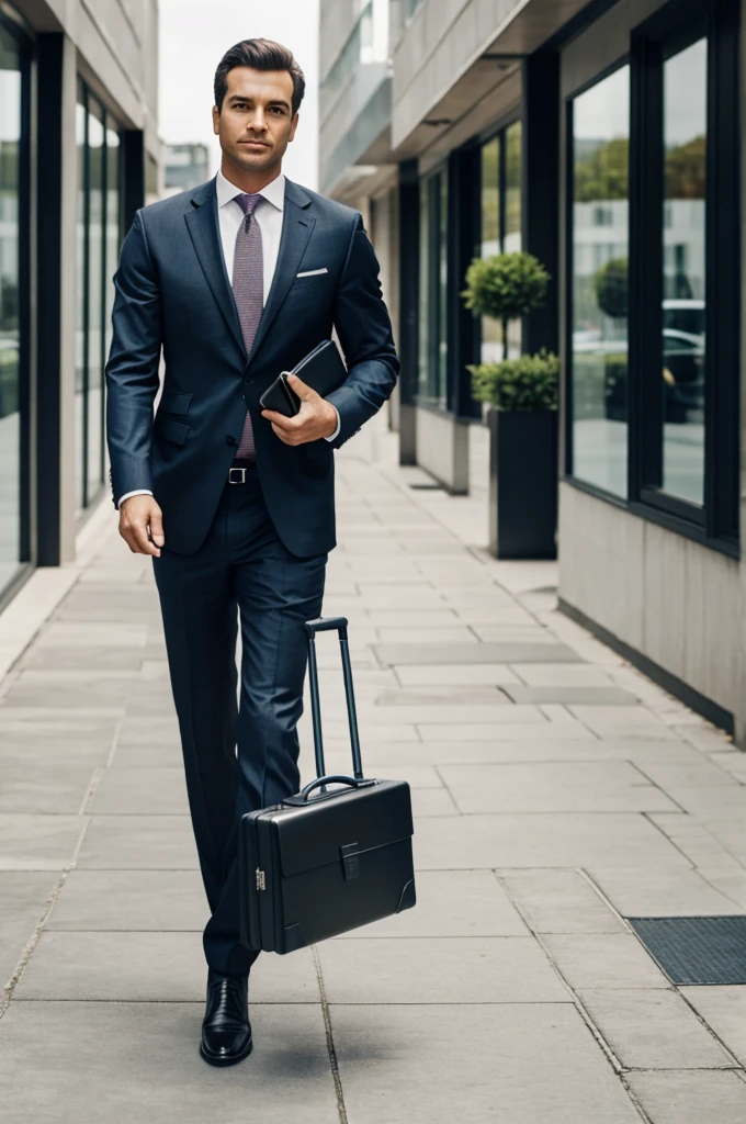 Create me a photo of a successful businessman walking normally and holding a briefcase