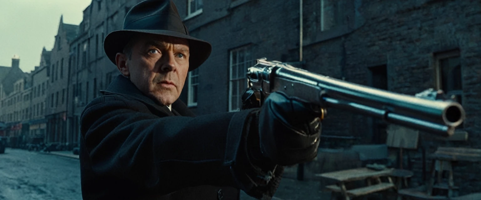 score_9, score_8_up, score_7_up, source_photo, photography, realistic, , detailed, cinematic angle, rating from side, safe, Wide shot, 1boy, 45years old, Eliot Ness in Black Trench Coat is holding a submachine gun to viewer, masterpiece, 8k,