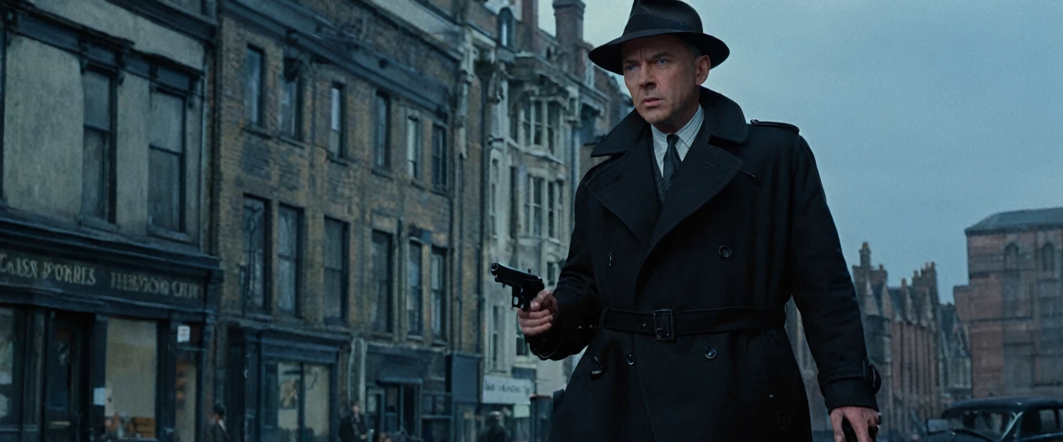 score_9, score_8_up, score_7_up, source_photo, photography, realistic, , detailed, cinematic angle, rating from side, safe, Wide shot, 1boy, 45years old, Eliot Ness in Black Trench Coat is holding a submachine gun to viewer, masterpiece, 8k,