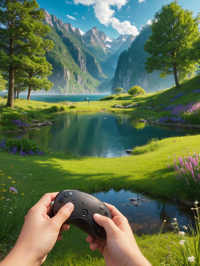 create a VR Experience Therapy Logo with a nature scene background