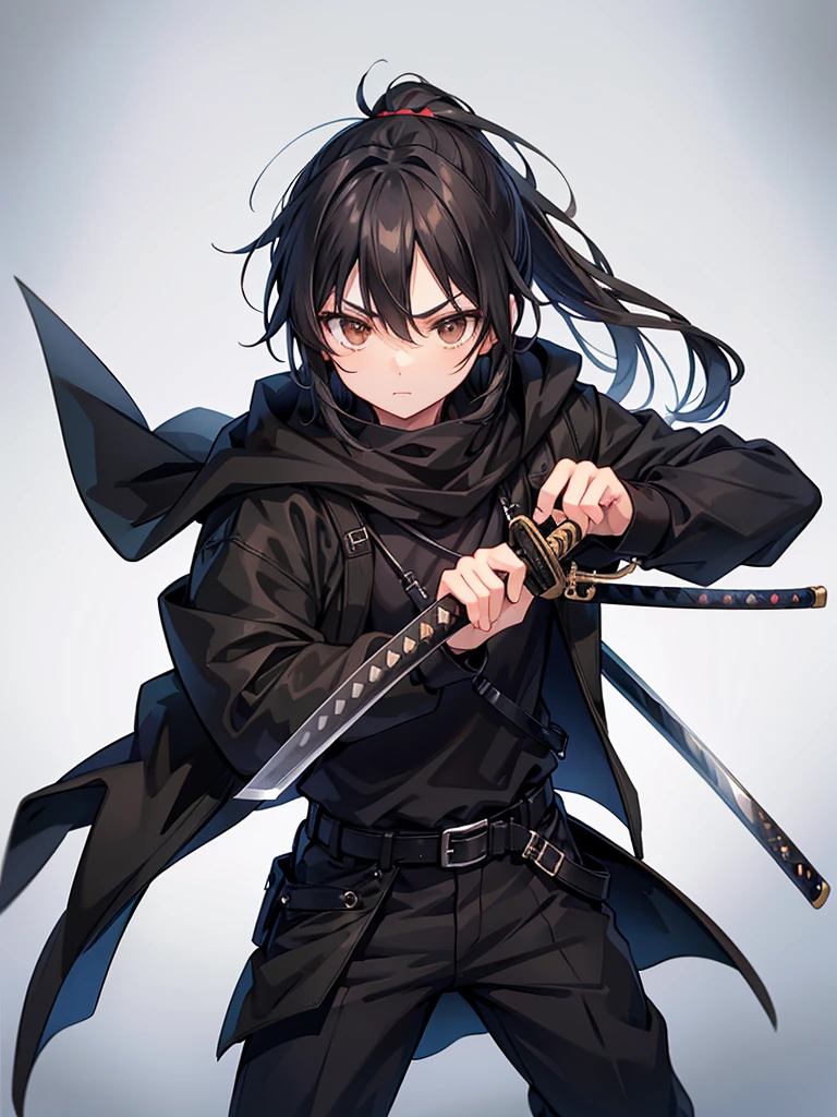 teenage man, medium length black hair in a ponytail, brown eyes, black cloak, black pants, black shirt, wielding a katana