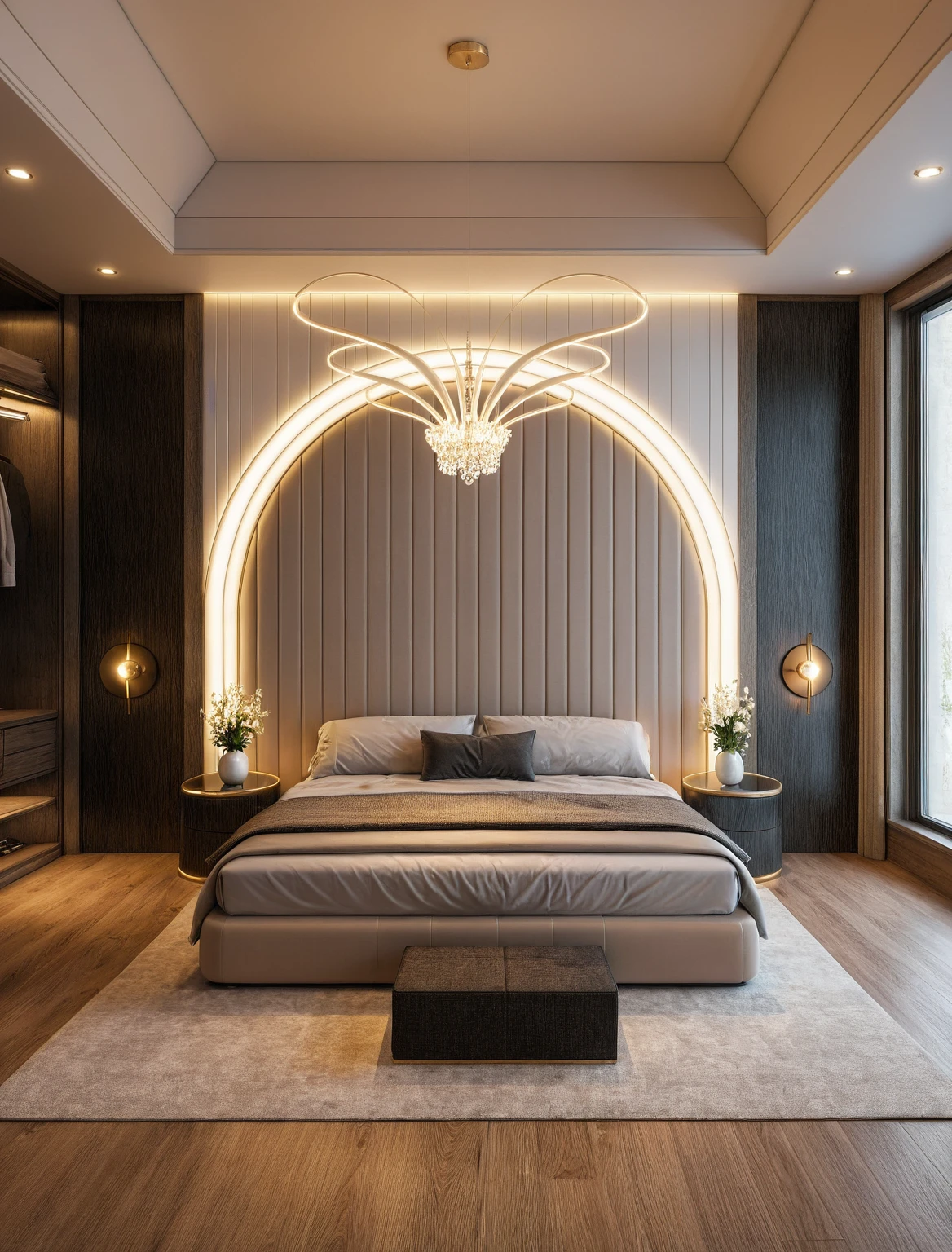 Raw photo,Masterpiece, high quality, best quality, authentic, super detail, interior, ((girl's bedroom)), ((style modern luxury)), sunset, day light, bed, carpet, curves, bedside cabinets, wood floor ,wardrobe, led, flower vase, butterfly chandelier , windows, downlight, ((tone black))