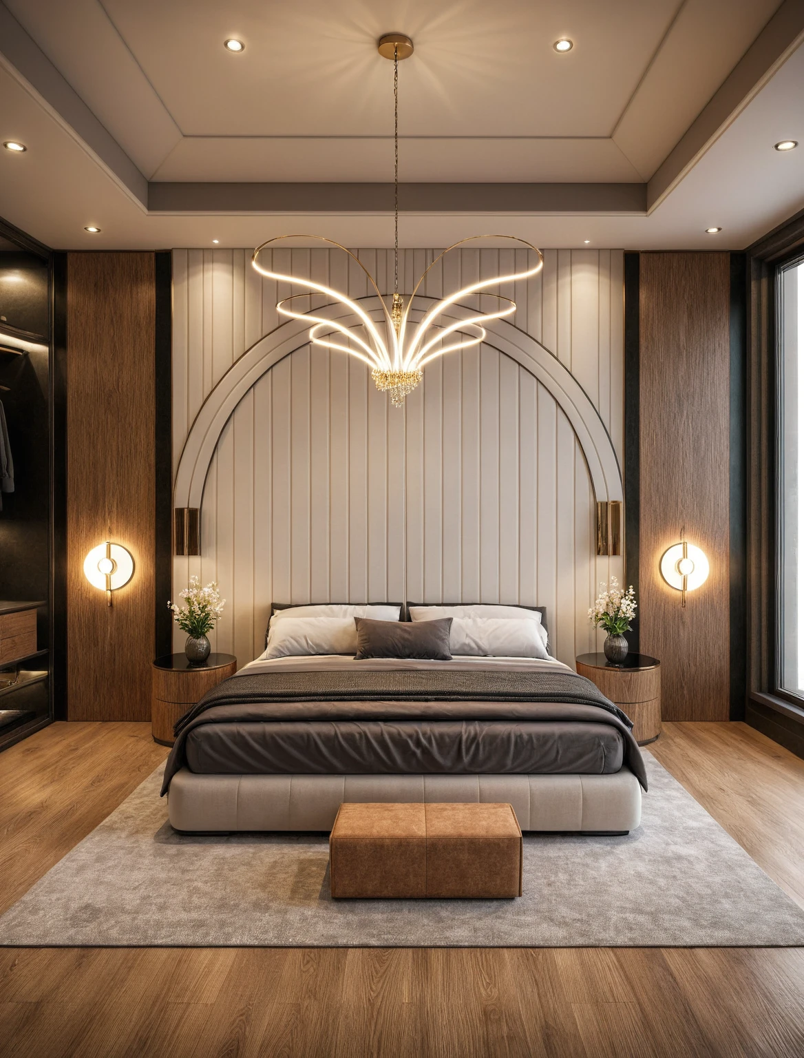 Raw photo,Masterpiece, high quality, best quality, authentic, super detail, interior, ((girl's bedroom)), ((style modern luxury)), sunset, day light, bed, carpet, curves, bedside cabinets, wood floor ,wardrobe, led, flower vase, butterfly chandelier , windows, downlight, ((tone black))