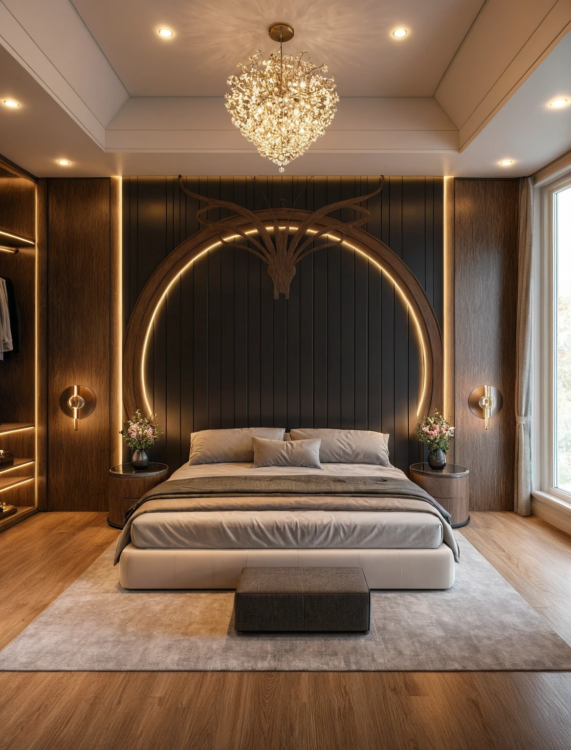 Raw photo,Masterpiece, high quality, best quality, authentic, super detail, interior, ((girl's bedroom)), ((style modern luxury)), sunset, day light, bed, carpet, curves, bedside cabinets, wood floor ,wardrobe, led, flower vase, butterfly chandelier , windows, downlight, ((tone black))