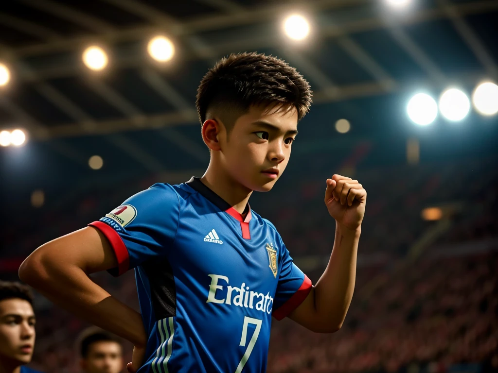 One bit height is 1.A 12-year-old Chinese boy of 75 meters，Wearing the number 7 shirt of the Portuguese national football team，Wearing the number 7 shirt of the Portuguese national football team，Wearing the number 7 shirt of the Portuguese national football team，Use snapshots to capture the moment when the teenager plays the soccer league，Use snapshots to capture the moment when the teenager plays the soccer league，Use snapshots to capture the moment when the teenager plays the soccer league，Boy student，The body is compact and sturdy，The background shows players in the distance and the Old Trafford football stadium filled with spectators，Sports full-body photos，fully body photo，fully body photo，Photoreality，photore，tmasterpiece，hentail realism，Photoreality，hight contrast，The photorealistic digital art trend is detailed and realistic in Artstation 8k HD HD, A detailed, skin textures, ultra - detailed, realistic skin textures, best qualtiy, Ultra-high resolution, (Reality:1.4),A detailed, RAW photogr, author：Lee Jeffries Nikon D850 Film Stock Photo 4 Kodaport 400 Camera F1.6 shots, Rich colors, Ultra-realistic realistic textures, Dramatic lighting, unrealengine artstation cinestill 800 trends，
