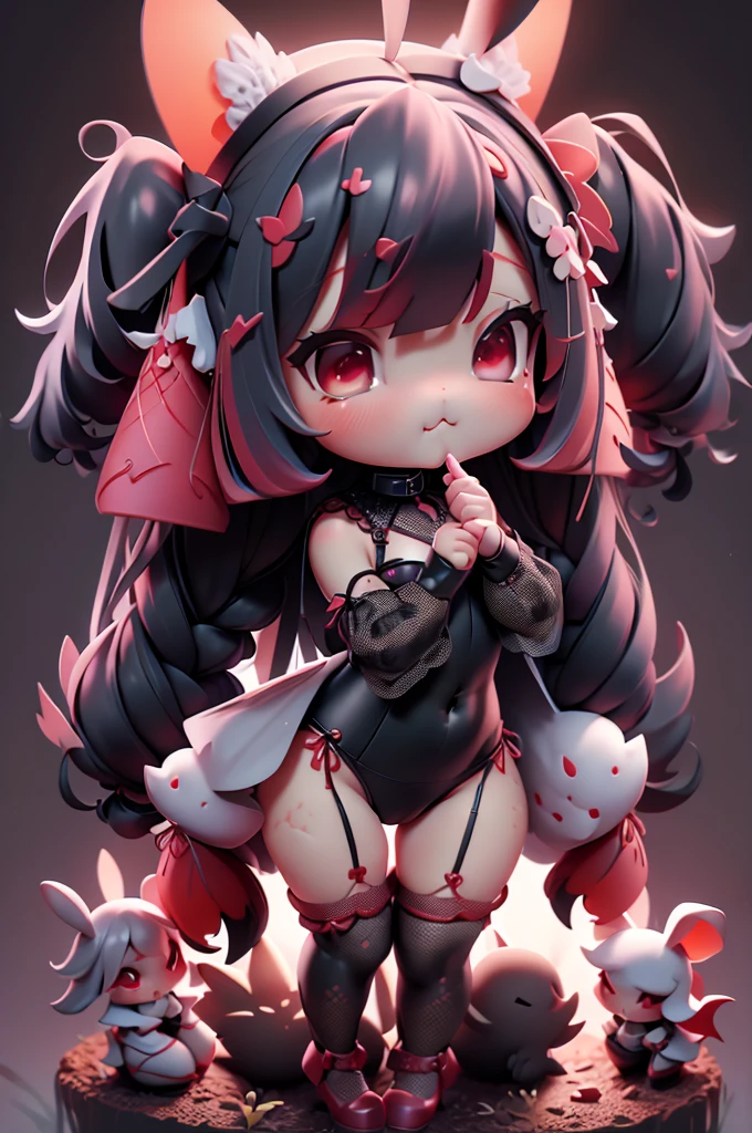 High quality、plastican00d、Bright atmosphere、Realistic Light、Red spotlight from above、pretty girl、、Red leotard、Fishnet tights、Pink Hair、garter belt、Two-headed appearance、Doll、Chibi、plastic、Black long hair、Straight Hair、grassland、、Rabbit mouth、full body, chibi,
