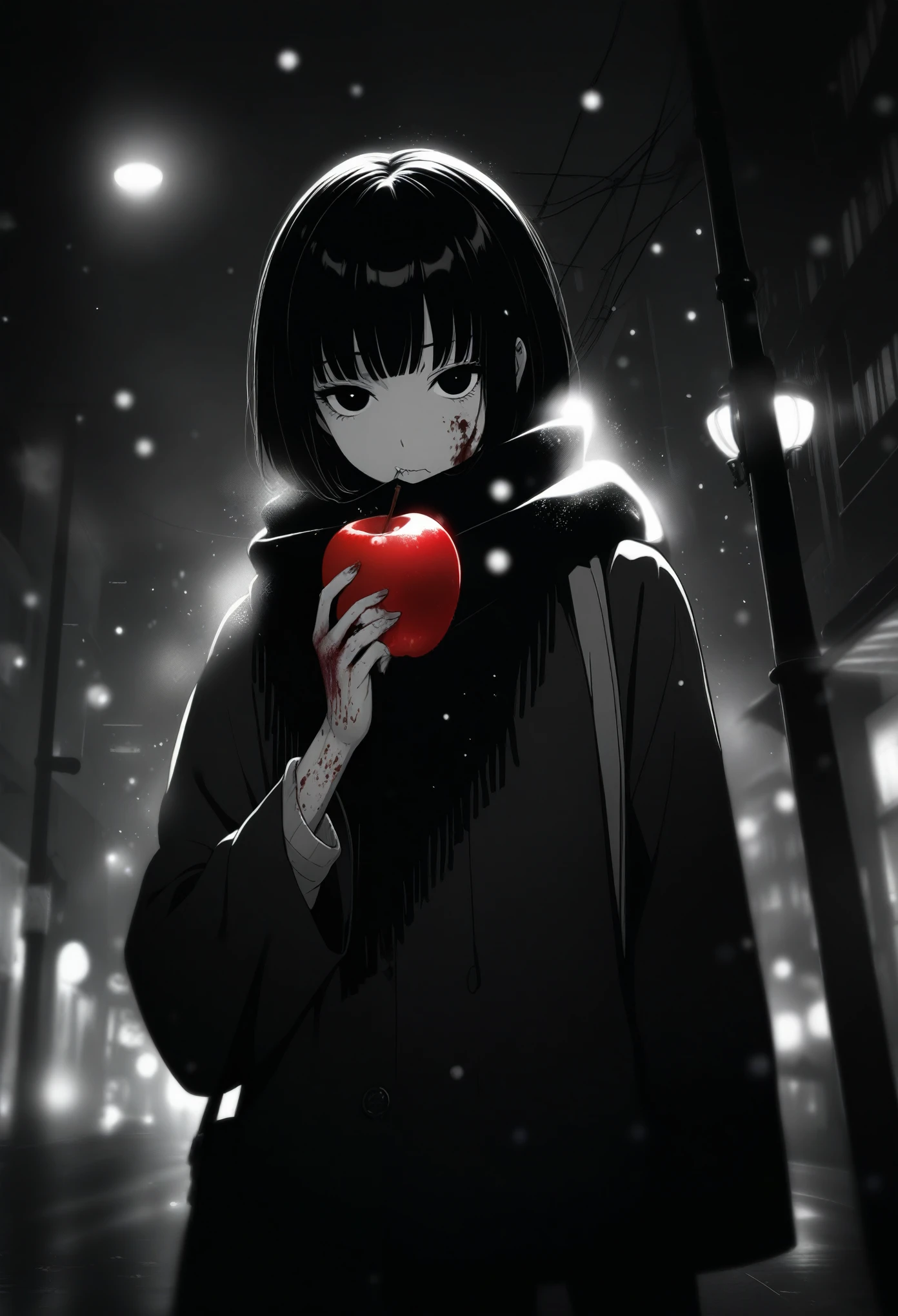 masterpiece, best quality, 1girl, momose_(oqo) official art, grayscale, manga style, japanese, chi no wadachi, black eyes, glowing white pupils, street, iced, black hair, schoolbag, lineart, looking at viewer, blood on face, black coat, black scarf, 35 years old, mature_female:1, tall, fair skinned, bokeh background, bob cut, light particles, centered, snowing, emotional anime scene, scenery:1.1, (very aesthetic, best quality, ultra detailed), intricate details, red and blue lights flashing, cool, soleless, emotionless, tired, taking a bite out of a shiny red apple, eating apple, holding apple to lips, holding, street lamp, surrounded by darkness, stars in the sky, biting, full shot
