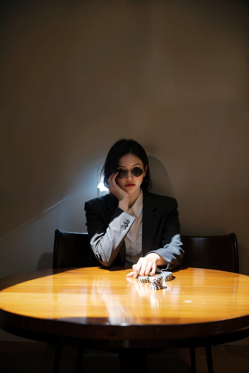 background：
Rusty graffiti on the mottled wall of the abandoned factory Starlight penetrates the faint city light Contrast between shadow and light Central focus：
Big table poker、dice、Wine bottles scattered around Gang members wearing black coats and sunglasses with serious expressions Holding pistols with fingers sliding on the gun body Light and shadow effects：
Strong contrast between light and shadow, light coming in through the hole, facial light and shadow outline and sunglasses reflecting text elements：
Quotes：“Everyone who knows must do it，You have to take what you have done.。Remember to keep your hands steady，Be ruthless。” Unique font, tough style, creative elements：
Dynamic Elements：Mouse Shuttle、Wind blows through dust and paper metaphor elements：Broken sword、Broken Shield、Mystical symbols or patterns in comic style：Exaggerated expression、action、Light and shadow effects and color contrast for the overall atmosphere：
Mysterious, depressing, tense atmosphere, strong personal style