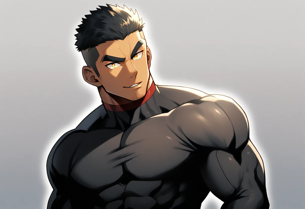 anime characters:Tights superhero, Muscle superhero, negro black skin, 1 dark skin muscular tough guy, Manliness, male focus, Yellow and black striped high collar long sleeve tight T-shirt, Slightly transparent material, Very tight, Round, full and perky chest muscles,Male dog waist,Slightly transparent, muscular male, muscular, only, Upper body, alone, Black short hair, Thick eyebrows, stubble, Yellow eyes, Grey background, simple background, amazing quality, best aesthetics, Ridiculous, bright pupils, crew cut, parted lips, seductive smile, torogao, naughty face, drop shadow, best quality